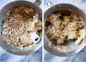 Left image is white chocolate chips added to the cookie dough in a metal mixing bowl. Right image is the white chocolate chips mixed into the dough.