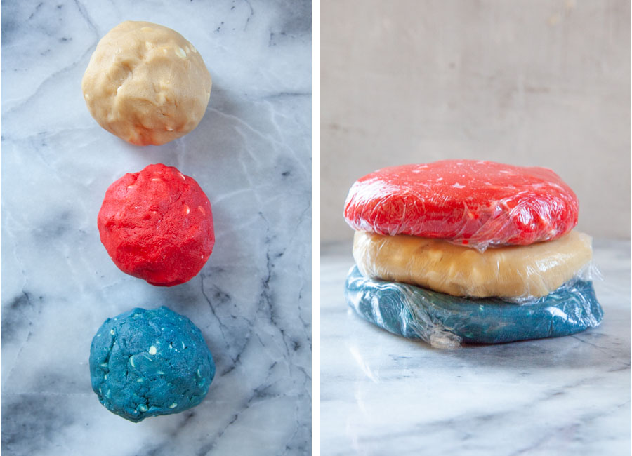 Left image is three cookie doughs colored plain, red and white. Right image is red, white, and blue cookie dough individually wrapped in plastic wrap and stacked on each other.