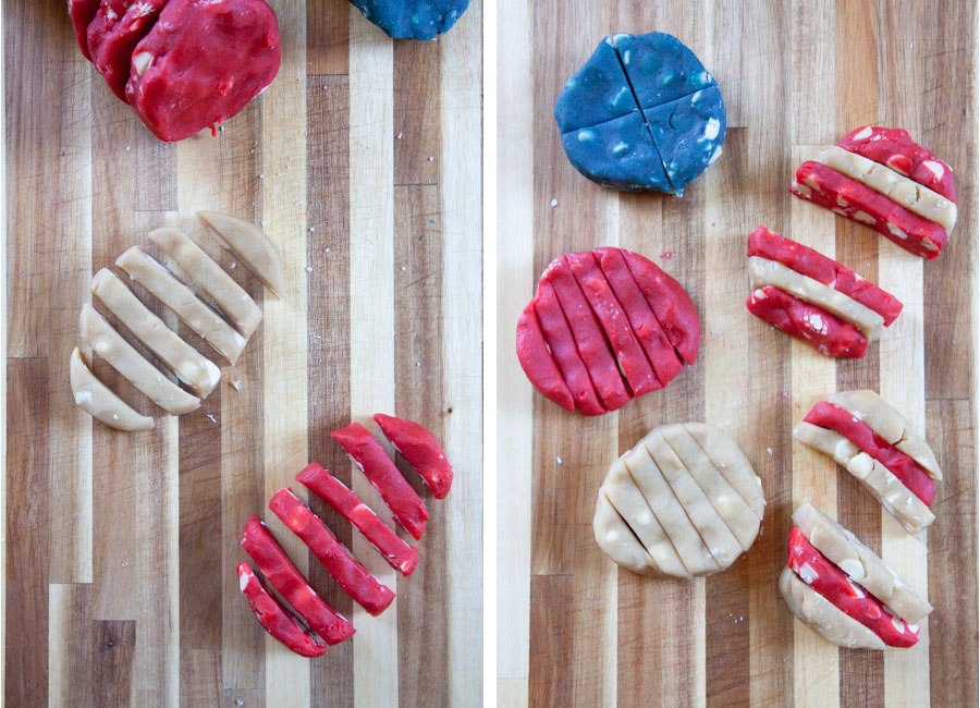 Left image is white and red cookie dough disks cuts into 6 strips. Right image is red and white cookie dough cut into strips, along with blue cookie dough cut into quarters, with some other cookie dough assembled into alternating red and white cookie strips of half dome shaped cookie disks.