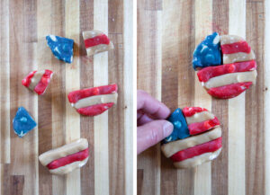 Left image is parts of the American flag cookie ready to be assembled. Right image is a hand attaching the blue quarter of the cookie part of the American flag cookie to the cookie disk with an already assembled American flag cookie next to it.