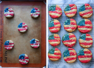 Left image is assembled cookies on a baking sheet. Right image is baked cookies own a wire rack.