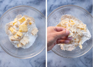 Left image is a glass bowl with flour, sugar, salt and cubes of cold butter in it. Right image is a hand smashing and flattening a cube of butter with fingers.