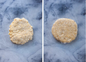 Left image is a galette dough disk on a clean surface. Right image is the galette dough wrapped in plastic wrap.