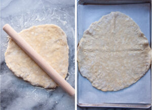 Left image is galette crust rolled out on a marble surface, with a rolling pin on it. Right image is the rolled out galette crust on a rimmed baking sheet lined with parchment paper.