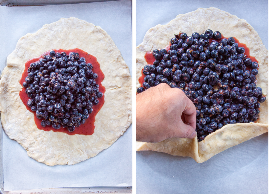 Left image is the galette crust with filling in the center of it. Right image is a hand folding over the edges of the galette, over the filling slightly.