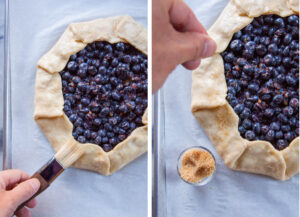 Left image is a hand brushing the edges of the galette with an egg white wash. Right image is a hand sprinkling Turbinado sugar over the edge of the crust.