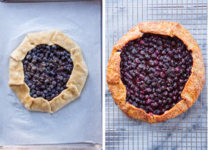 Left image is the uncooked galette ready to be baked on a baking sheet. Right image is the baked galette on a wire cooling rack.