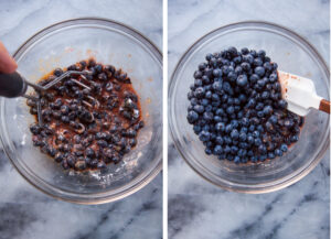 Left image is a potato masher crushing blueberries and filling ingredients in a glass bowl. Right image is a silicon spatula tossing whole blueberries into the filing mixture.