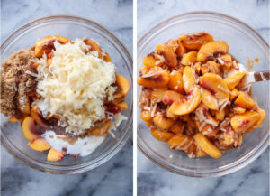 Left image is peach filling for the cobbler in a glass bowl, ready to be mixed together. Right image is all the peach filling ingredients mixed together.