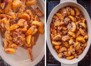 Left image is peach cobbler filling poured into an oval baking dish. Right image is the peach filling spread out evenly over the bottom of the baking dish.
