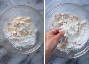 Left image is cubed butter in a glass bowl with flour, sugar, baking powder, and salt. Right image is a hand smashing and breaking apart the butter.