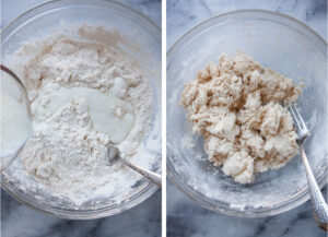 Left image is buttermilk being poured into a glass bowl filled with the cobbler biscuit dry ingredients in it. Right image is the cobbler dough formed, after tossing it with the buttermilk.