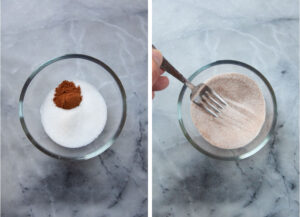 Left image is sugar and cinnamon in a bowl. Right image is a hand mixing the cinnamon and sugar together with a fork.