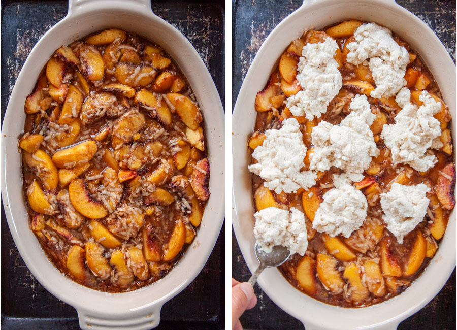 Left image is the peach cobbler filling in a baking dish. Right image is cobbler biscuit dough being topped over the peach filling.