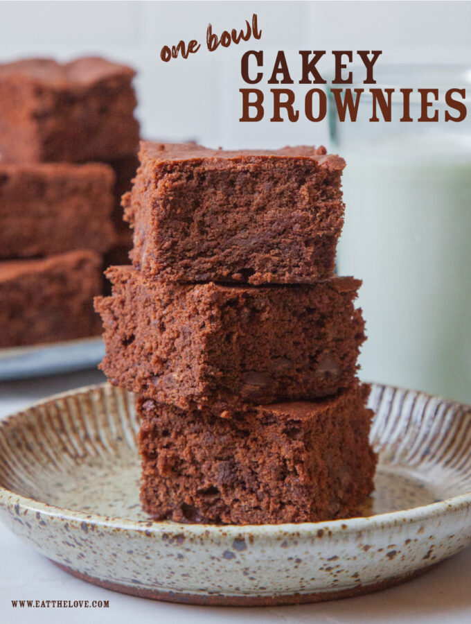 A stack of chocolate cakey brownies on a plate, with more brownies and a glass of milk behind it.