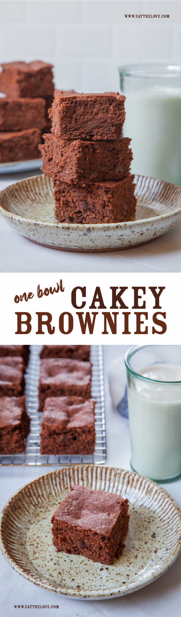 Top image is a stack of cakey brownies on a plate, with more brownies and a glass of milk behind it. Bottom image is a cakey brownie on a plate, with more brownies on a wire cooling rack and a glass of milk behind the plate.