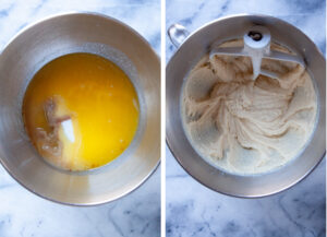 Left image is melted butter, sugar, vanilla and instant coffee in a metal bowl. Right image is the ingredients mixed together in the bowl, with a paddle attachment sitting in the bowl.