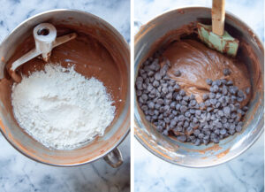 Left image is flour being added to the bowl with the brownie batter mixture. Right image is chocolate chips added to the bowl with the brownie batter and a silicone spatula in the bowl, ready to mix the chips into the batter.