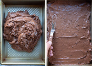 Left image is the brownie batter in a prepared metal pan. right image is a hand spreading the brownie batter evenly into the pan with a small offset spatula.