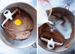 Left image is one egg added to the bowl of brownie mix. Right image is a glass measuring cup pouring milk into the brownie batter mixture.
