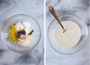 Left image is ingredients for the Caesar dressing in a glass bowl. Right image is the Caesar dressing mixed together and prepared in the glass bowl with a fork in it.