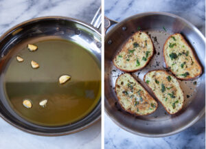 Left image is browned garlic slices in olive oil. Right image is bread being toasted in the oil in the skillet.