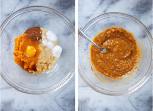 Left image is mashed banana, pumpkin puree, egg, pumpkin pie spice blend, baking soda, baking powder, and salt in a glass bowl. Right image is all those ingredients mixed together with a fork.