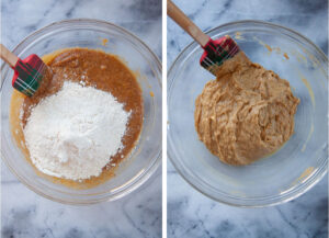 Left image is flour added to the pumpkin banana bread batter. Right image is a spatula in the bowl, having folded in the flour.