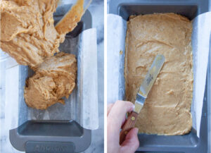 Left image is pumpkin banana bread batter being poured into a prepared loaf pan. Right image is a hand spreading the pumpkin banana bread batter evenly into the pan with a small offset spatula.