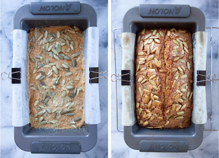 Left image is pumpkin banana bread with pumpkin seeds and Turbinado sugar sprinkled on top, ready to be a baked. Right image is the pumpkin banana bread baked in a loaf pan.