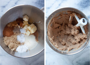 Left image is butter, white sugar, brown sugar, spices, and vanilla extract in the bowl of a stand mixer. Right image is those ingredients mixed together, with a paddle attachment in the bowl.