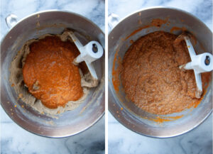 Left image is pumpkin puree added to a bowl with pumpkin cake batter ingredients in it. Right image is the batter after it's been mixed, showing how the batter looks "broken".