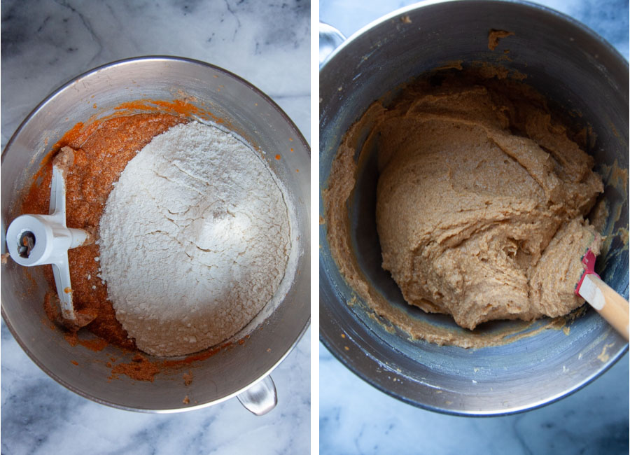 Left image is flour added to the bowl of pumpkin cake batter that is "broken" and curdled. Right image is the batter after the flour has been mixed in, looking more smooth and typical of cake batter.