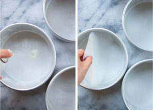 Left image is a hand spraying three cake pans with cooking oil. Right image is a hand lining each cake pan with parchment paper.