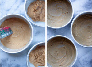 Left image is a spatula spread the cake batter into a cake pan. Right image is the cake pans with cake batter spread evenly on the bottom.