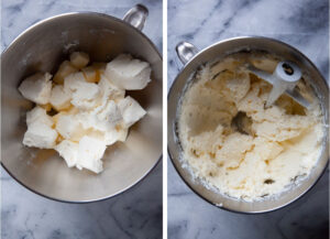 Left image is butter, cream cheese, vanilla, and salt in the bowl of a stand mixer. Right image is those ingredients mixed together.