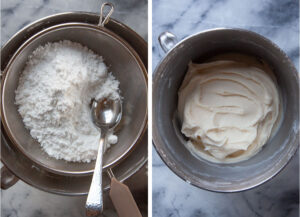 Left image is powdered sugar being sifted into the bowl with the cream cheese and butter mixed together. Right image is all the frosting completely made in the bowl of a stand mixer.