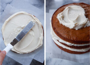 Left image is a hand frosting a layer of the pumpkin cake. Right image is the layer cake stacked with frosting between each layer and some frosting on top of the cake, ready to be spread.