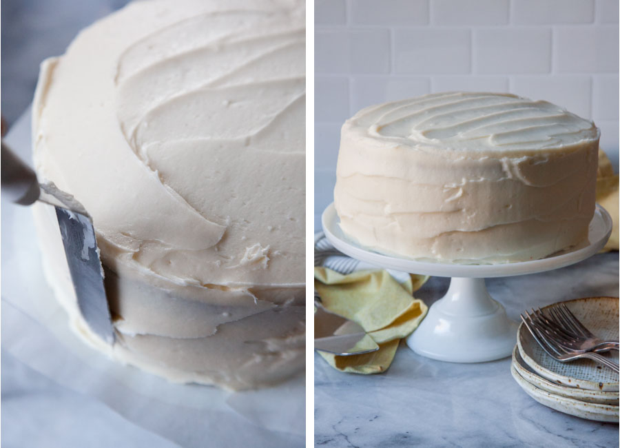 Left image is a small offset spatula spreading the cream cheese frosting on a pumpkin layer cake. Right image is an assembled and frosted pumpkin layer cake on a cake stand with small plates next to it.