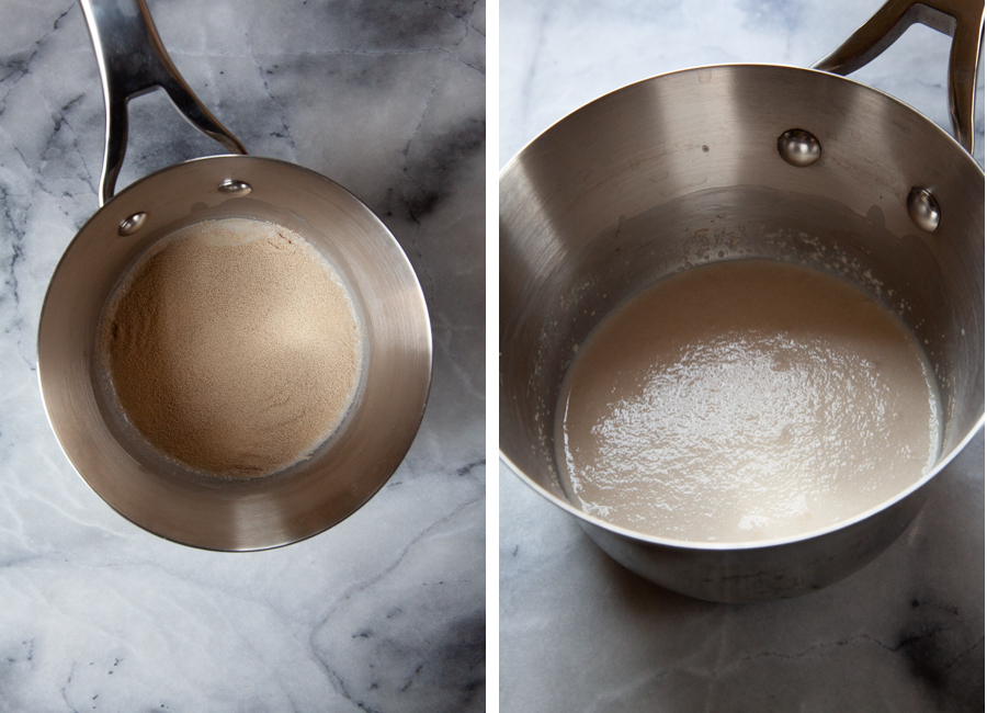 Left image is yeast sprinkled on warm milk in a saucepan. Right image is the yeasty milk proofed, with the surface slightly bubbly and textured.