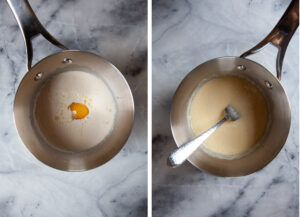 Left image is egg and butter added to the yeasty milk. Right image are all liquid ingredients whisked together.