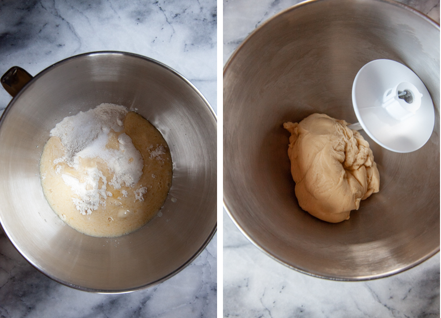 Left image is flour and yeasty milk in a mixing bowl. Right image is the ingredients kneaded into a smooth dough, with a dough hook in the bowl.