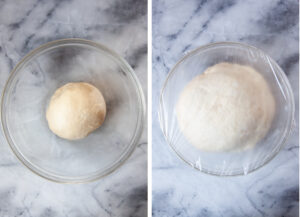 Left image is dough gathered into a ball and placed in a greased glass bowl. Right image is the dough after it's risen and doubled in size.