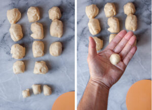 Left image is dough divided into 12 pieces, with one of the pieces further divided into 3 smaller pieces. Right image is a hand showing one of the small pieces rolled into a ball and sitting in the middle of the hand.