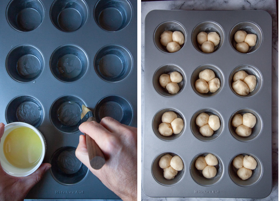 Left image is a hand brushing a muffin pan with melted butter. Right image is three individual balls of dough placed inside each of the cups of the muffin pan.
