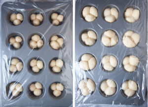 Left image is a muffin pan with the cloverleaf bread dough formed and placed in the muffin pan. Right image is the dough after it has risen and doubled in size.