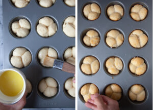 Left image is a hand brushing the top of the uncooked rolls with butter. Right image is a hand sprinkling the baked rolls with salt after it has been brushed with more melted butter.