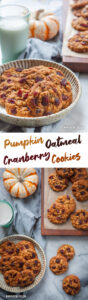 Top image is a plate of pumpkin oatmeal cranberry cookies with a glass of milk behind it, and more cookies on a wooden board. Bottom image is a plate of pumpkin oatmeal cranberry cookies with more cookies on the table and on a wooden board next to it. The text on the image says pumpkin oatmeal cranberry cookies.