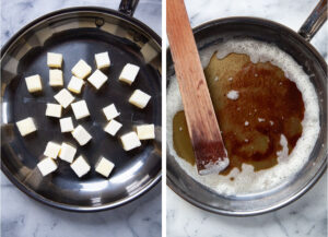 Left image is cubed butter in a skillet. Right image is butter that has been browned in the skillet.
