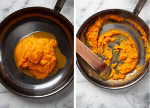 Left image is water pumpkin puree in a skillet. Right image is the same puree cooked down into a concentrated puree.